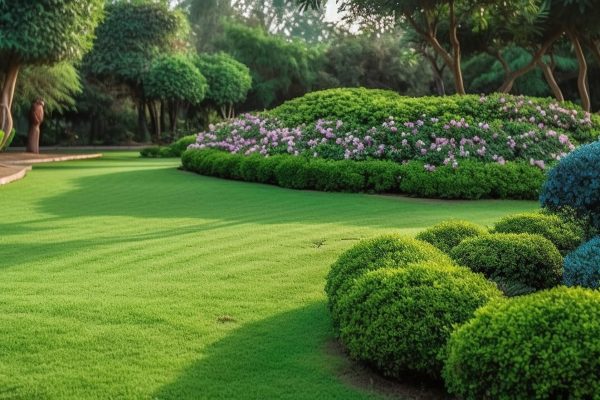 park outdoor manicured lawn and flowerbed AI generated image